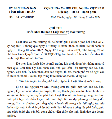 Triển khai thi hành Luật Bảo vệ môi trường số 72/2020/QH14