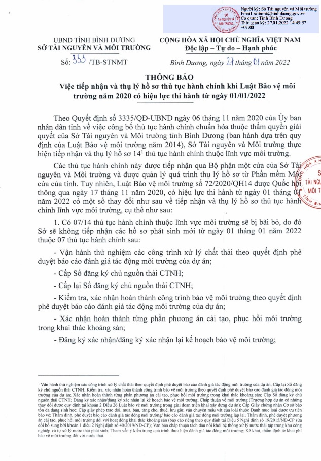 Việc tiếp nhận và thụ lý hồ sơ thủ tục hành chính khi Luật Bảo vệ môi trường năm 2020 có hiệu lực thi hành từ ngày 01/01/2022