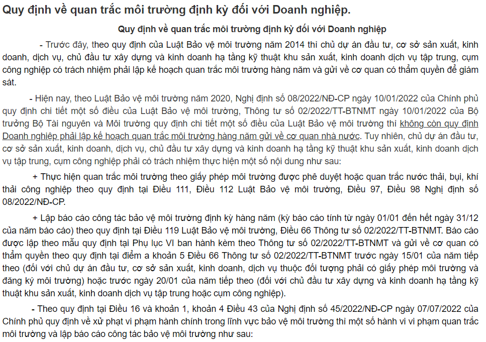 Quy định về quan trắc môi trường định kỳ đối với Doanh nghiệp