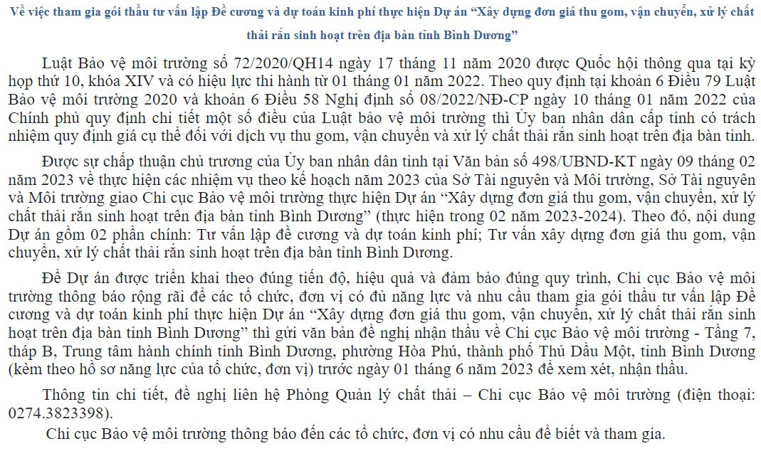 Thông báo về việc tham gia gói thầu tư vấn lập Đề cương và dự toán kinh phí thực hiện Dự án “Xây dựng đơn giá thu gom, vận chuyển, xử lý chất thải rắn sinh hoạt trên địa bàn tỉnh Bình Dương”.